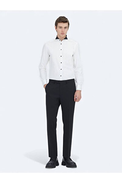 Kip White Slim Fit Tuxedo - Απλό κόψιμο, Διπλή μανσέτα, Πουκάμισο με λαιμόκοψη