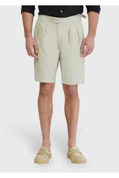 Ramsey Sand Plain Woven Carrot Fit Casual 100% Linen Bermuda