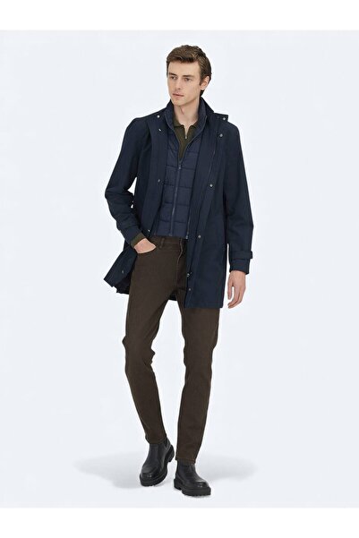 Kip Navy Blue Oversized Fit Double-Breasted Collar Casual Woven Overcoat