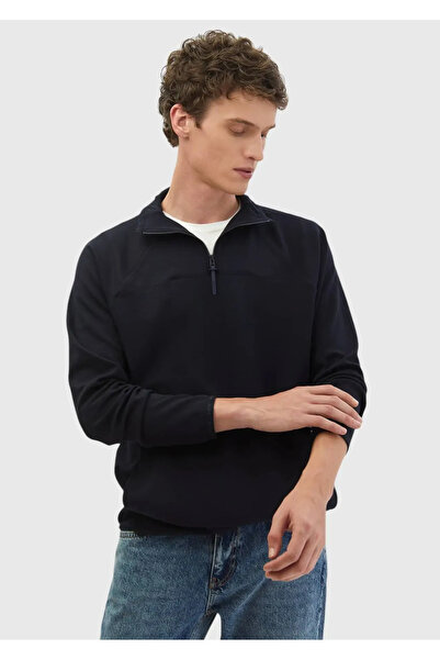 Ramsey Navy Blue Stand Collar Plain Sweatshirt