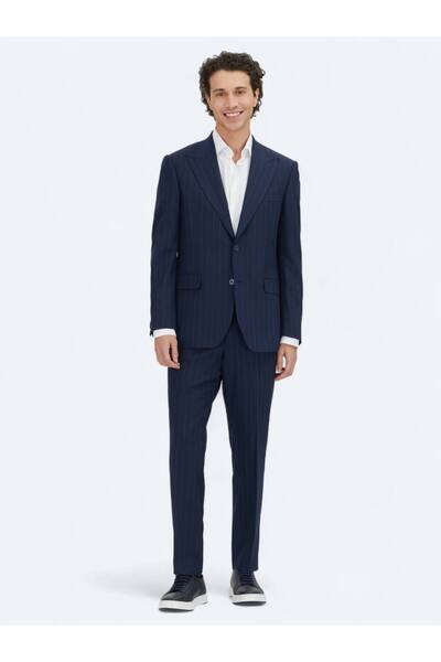 Kip Navy Blue Striped Modern Fit Wool Blend Suit