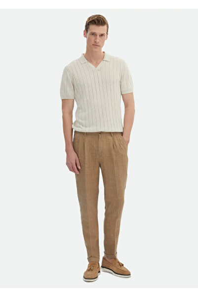 Ramsey Classic Mink Striped Carrot Fit Linen Trousers - 100%