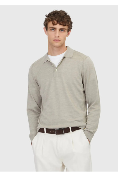 Ramsey Stone Polo Neck Plain Knit Wool Blend Sweater