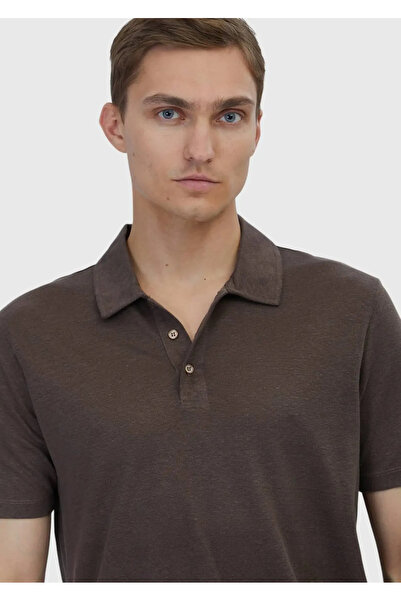 Ramsey Brown Plain Polo Neck 100% Linen T-Shirt