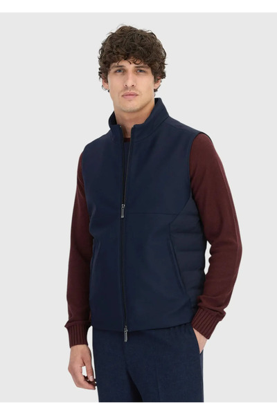 Ramsey Navy Blue Regular Fit Stand Collar Casual Woven Sports Vest