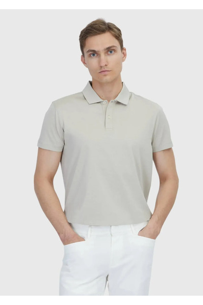 Ramsey Beige Plain Polo Neck 100% Cotton T-Shirt