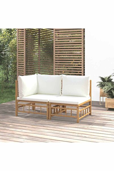 vidaxl طقم أريكة حديقة من قطعتين مع وسائد بيضاء كريمية من الخيزران