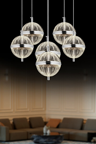 İstanbul Avize Küre 6'lı Gümüş Ledli 3 Renk Modern Led Avize