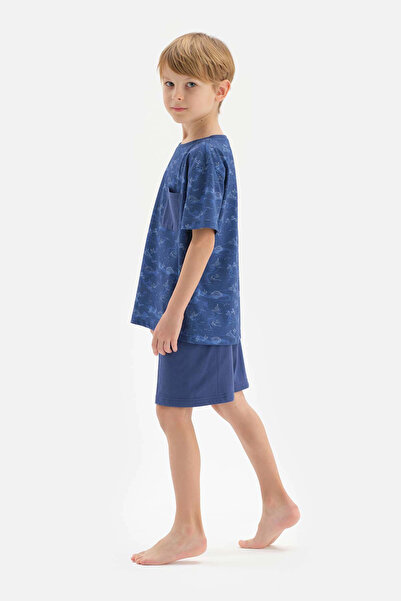 Dagi Marineblaues Pyjama-Set mit Metermuster und Shorts mit Taschendetail