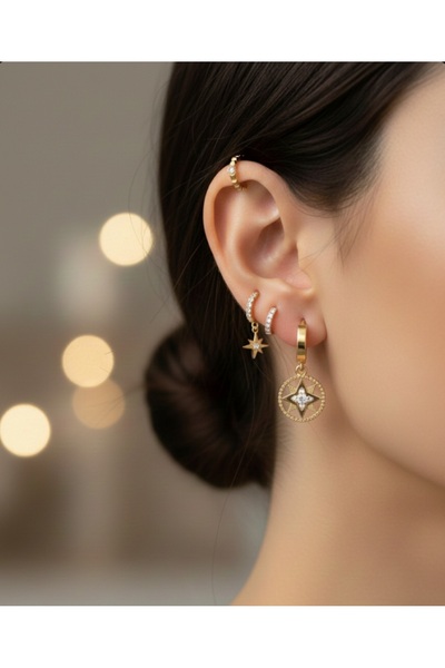 stainless steell 316L çelik gold renk zirkon taşlı 3'lü kutup yıldızı küpe