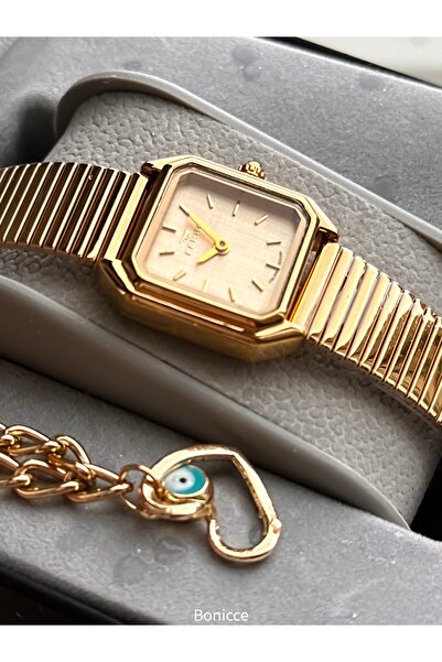 FERRO Şık Kutuda, Sarı Gümüş, Çelik Kordon, Mini Kasa, Vıp Seri Kadın Kol Saat Bileklik Hediyeli