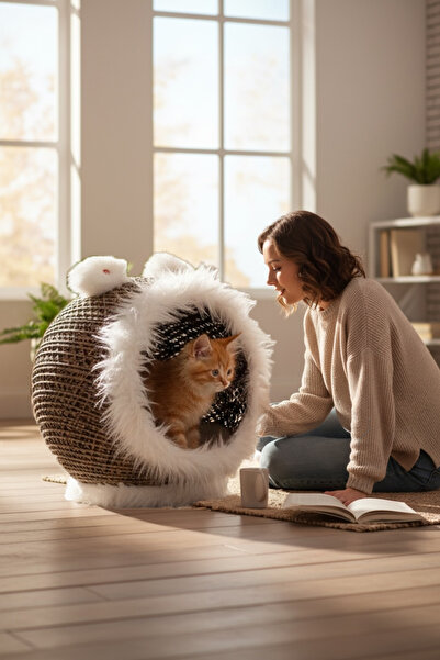 EVSTYLE PELUŞ YATAKLI KEDİ EVİ - KIRMIZI