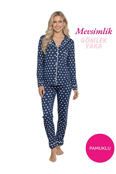 GUAVA+ Námořnická modrá sezónní bavlněná lycra s náprsní kapsou, zapínání na knoflíky vpředu, košilový límec, pyžamový set s dlouhým rukávem