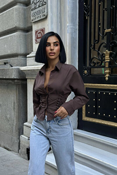 SEVENLINE Γυναικείο πουκάμισο από ποπλίνα με κορσέ και λεπτομέρεια με κορδόνια