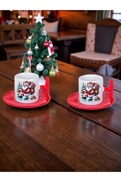 LADİJİTAL BASKI ÇÖZÜMLERİ Kırmızı 2 Kişilik Yılbaşı - noel Türk kahvesi fincanı