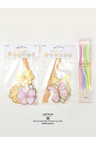 partince 12 Parça Kelebek Çiçek Cake Topper ve Makaron Spiral Pasta Mumu Doğu...