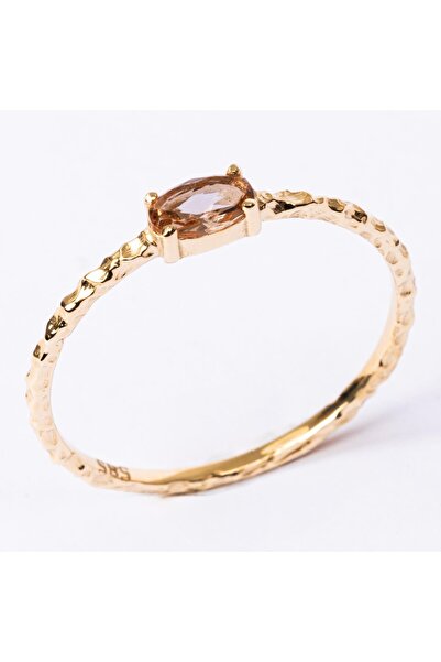 FasekGold Tektaş Altın Yüzük - 14 Ayar Altın Oval Dövme Zultanit Taşlı Minima...