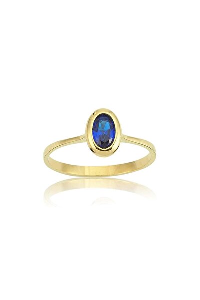 FasekGold Tektaş Altın Yüzük - 14 Ayar Altın 0.60 Karat Oval Safir Taşlı Evli...