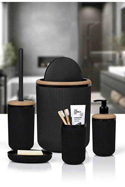 Okyanus Home Σετ μπάνιου Linea Due Μαύρο ριγέ στρογγυλό 5 τεμαχίων