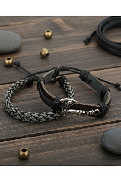 BSN Viking Thor Nordich Nordic Axe Figure 2-Piece Genuine Leather Bracelet
