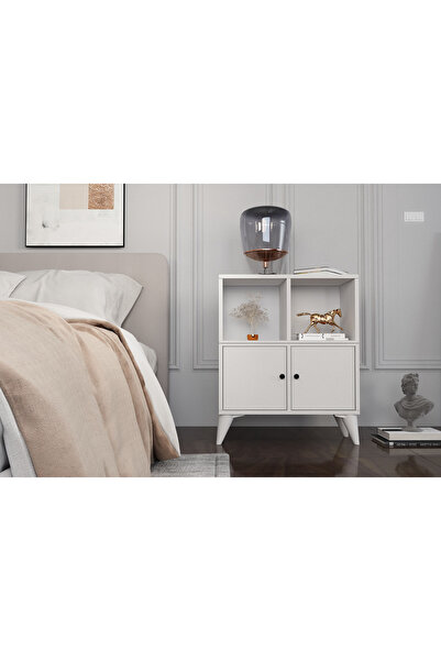 Nettrends Ayaklı Raflı Iki Kapaklı Beyaz Komodin Çıtasız Kmd-1052-ç