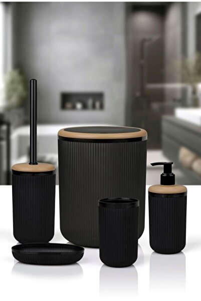 Okyanus Home Σετ μπάνιου Linea Due Μαύρο ριγέ στρογγυλό 5 τεμαχίων