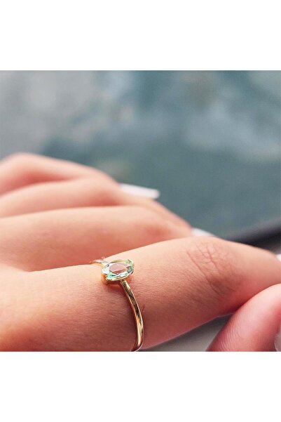 FasekGold Tektaş Altın Yüzük - 14 Ayar Altın 0.40 Karat Oval Topaz Taşlı Mini...
