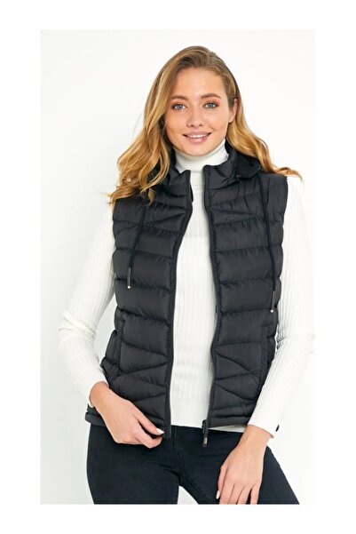 DYNAMO Vestă puf neagră pentru femei cu fleece în interiorul glugăi