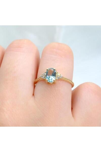 FasekGold Evlilik Teklifi Altın Yüzük - 14 Ayar Altın Oval Mavi Topaz Taşlı Kadın Evlilik Teklifi Yüzüğü