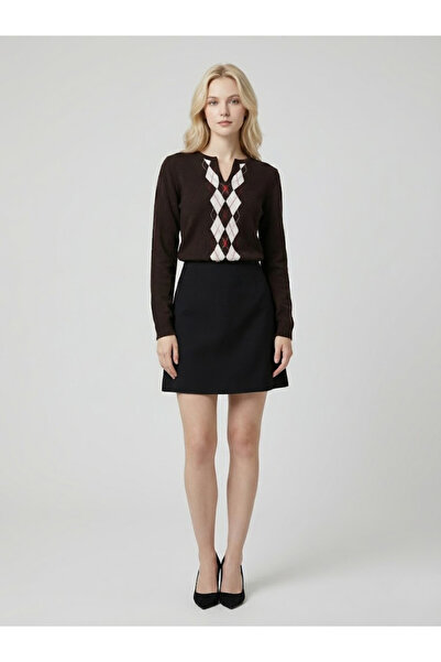 Qoolest KADIN BAKLAVA DESENLİ KAHVERENGİ V YAKA ŞIK TRİKO KAZAK