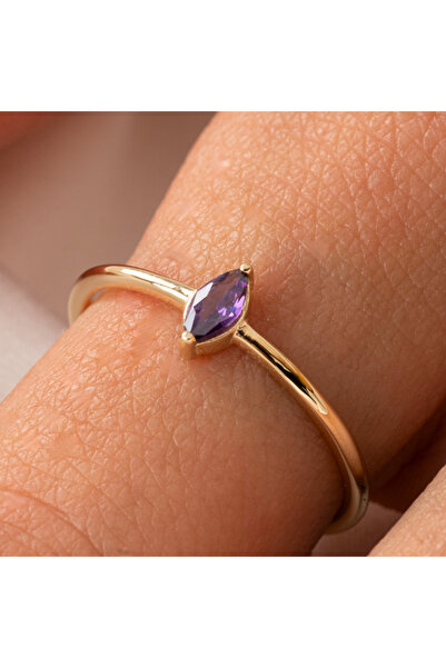 FasekGold Gümüş Yüzük - Ametist Taşlı Minimal Tasarım Tektaş Kadın 925 Ayar G...