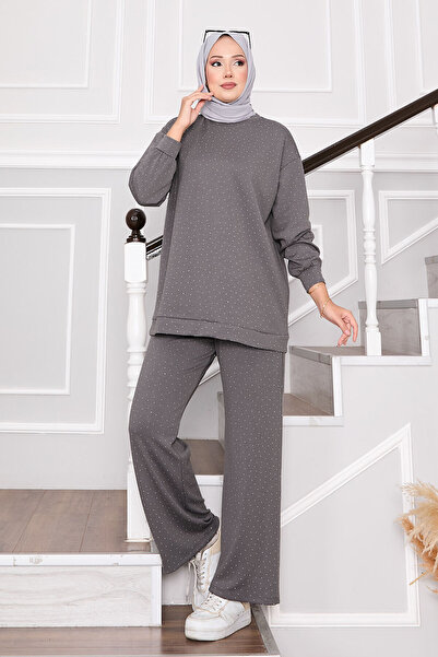 EBRUTESETTÜR Sparkly Crew Neck Two-Piece Set Gray