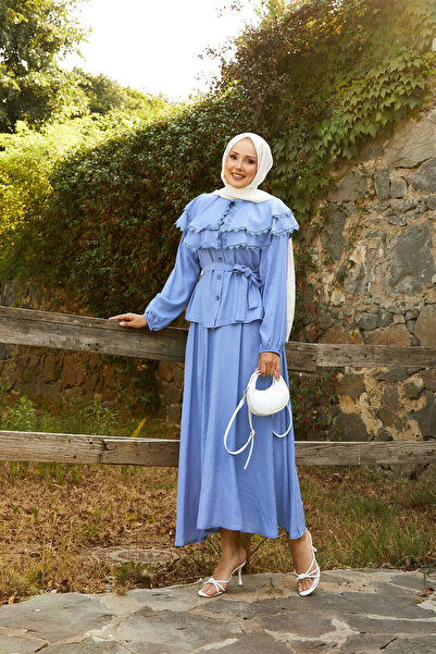 EBRUTESETTÜR Baby Blue Skirt Suit with Allerli Guipure Detail on the Front