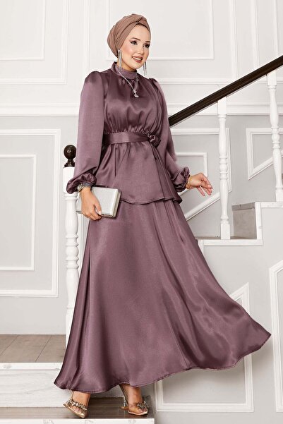EBRUTESETTÜR Satin Skirt Suit with Gathered Waistband Detail Powder