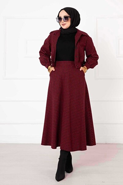 EBRUTESETTÜR Houndstooth Patterned Crop Skirt Set Burgundy