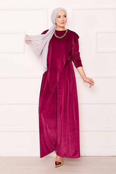 EBRUTESETTÜR Velvet Suit with Asymmetrical Detail on the Front, Şarabi
