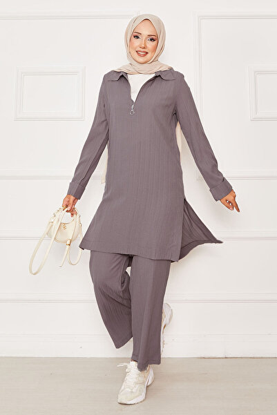 EBRUTESETTÜR بدلة مزدوجة بتفاصيل نصف سحاب من فرو المنك