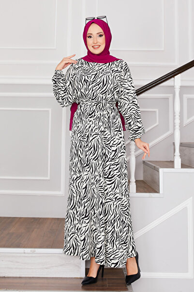 EBRUTESETTÜR Cam Kırığı Desen Kuşaklı Bürümcük Tesettür Elbise Beyaz