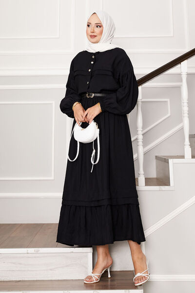 EBRUTESETTÜR طقم تنورة بأكمام بالونية بتفاصيل نيرفور باللون الأسود