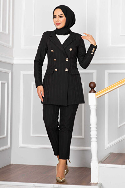 EBRUTESETTÜR طقم حجاب مخطط بياقة منديل باللون الأسود