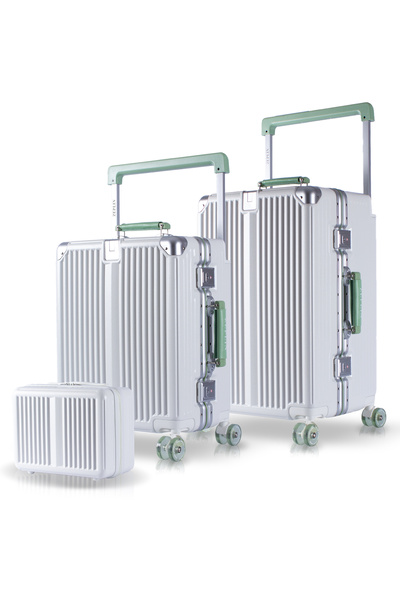 Zeplin Boxy PC Policarbon 3'lü Valiz Seti (Kabin Orta ve Makyaj) Beyaz-Yeşil