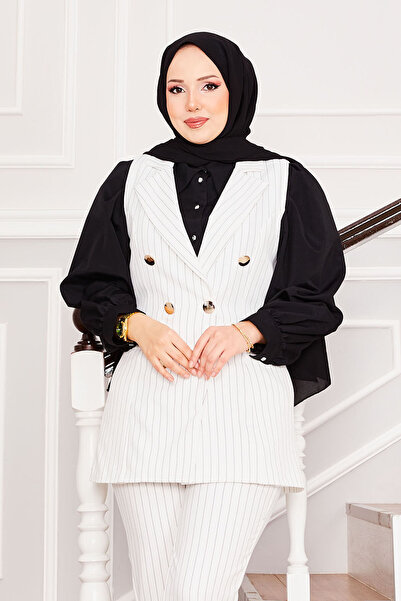 EBRUTESETTÜR Handkerchief Collar Striped Vest Pants Two-Piece Set Ecru