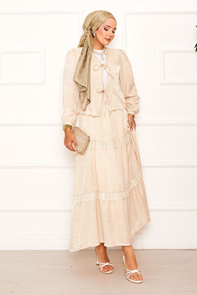 EBRUTESETTÜR Guipure Detailed Skirt and Kimono Set Cream