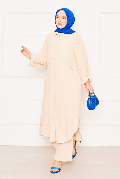 EBRUTESETTÜR طقم حجاب طويل مع أكمام قابلة للطي وجيوب، لون كريمي