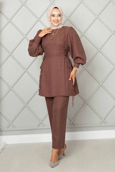 EBRUTESETTÜR طقم ملابس إسلامية من الكتان مكون من قطعتين مع رباط جانبي باللون ...