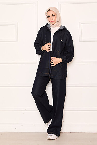 EBRUTESETTÜR طقم جينز بغطاء رأس مع جيب كنغر بسحاب وتفاصيل مفصلة باللون الأزرق...