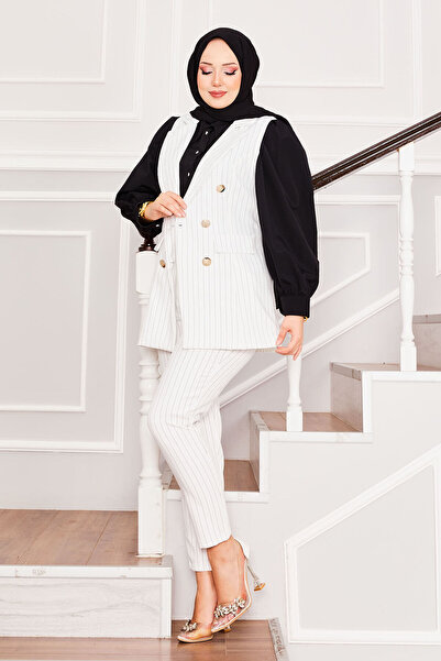 EBRUTESETTÜR Handkerchief Collar Striped Vest Pants Two-Piece Set Ecru