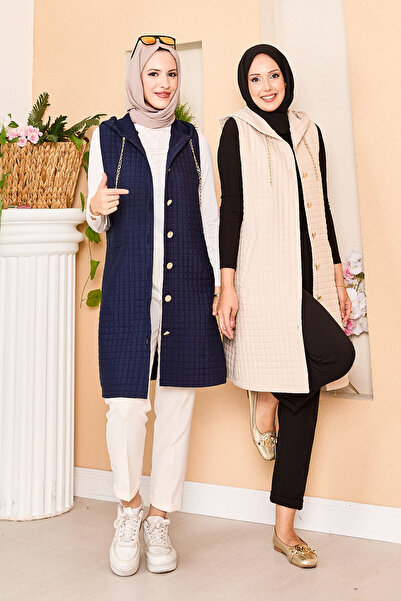 EBRUTESETTÜR Kapüşonlu Gold Düğme Detaylı Kapitone Yelek Lacivert