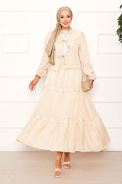 EBRUTESETTÜR Guipure Detailed Skirt and Kimono Set Cream