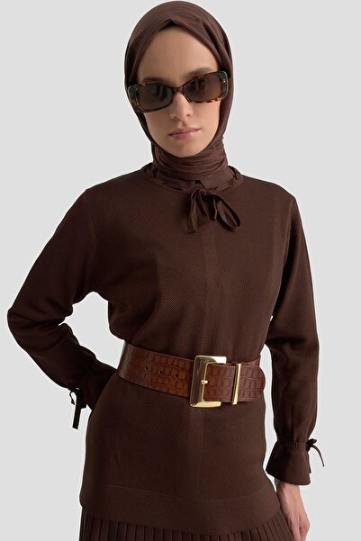 Armine TREND New Season Crew Neck Ribbon Detailed Drawstring Sleeve Knitwear Blouse Elastic Waist Skirt Top and Bottom Set